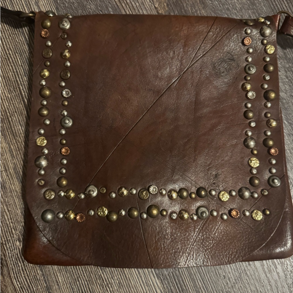 LoveStitch brown leather studded satchel